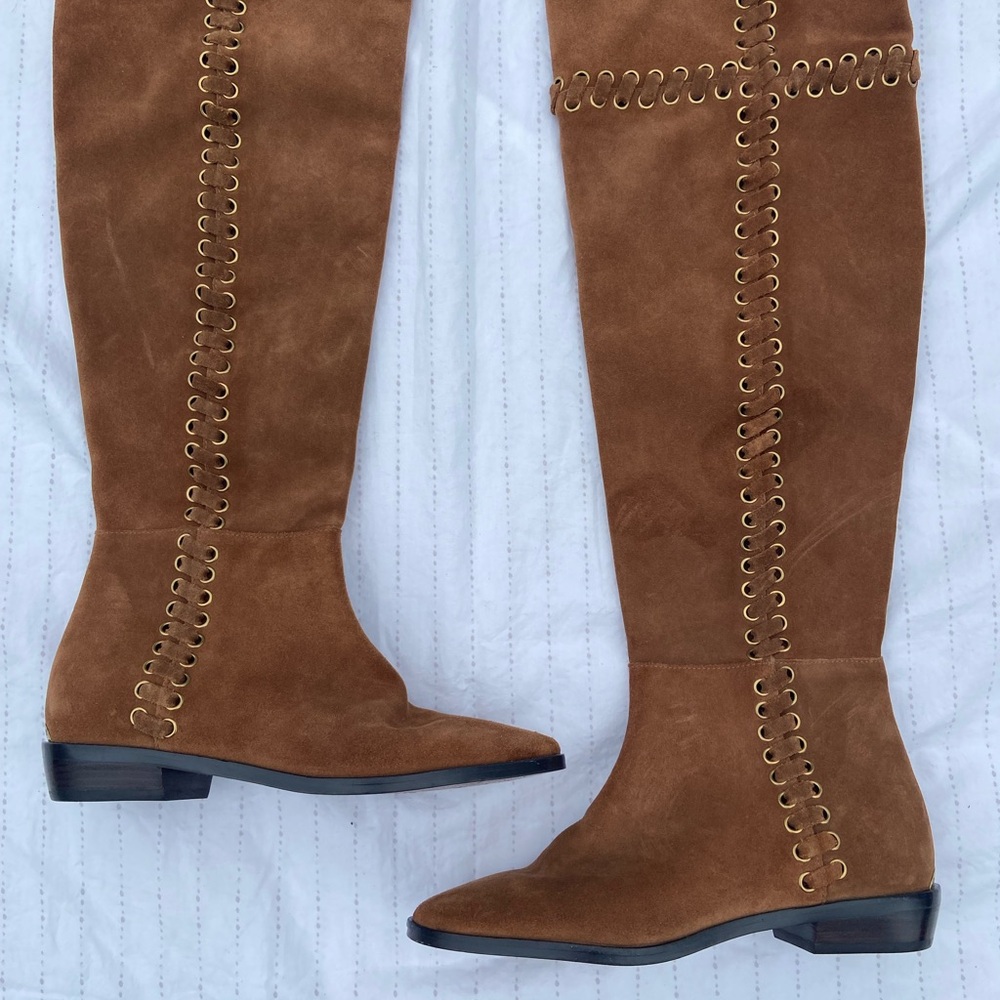 Michael Kors Malin Grommet Suede Leather Over The Knee Boots in Caramel - Picture 2 of 11